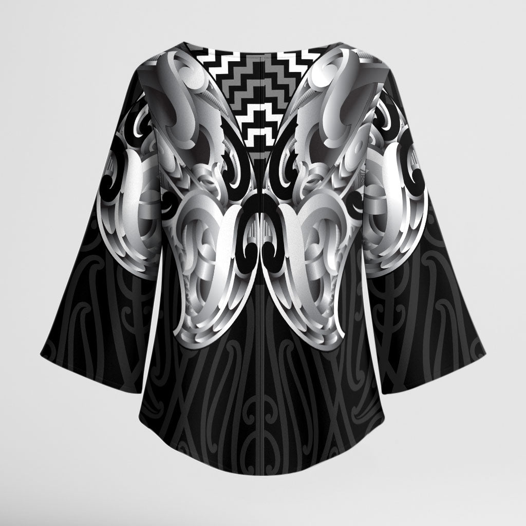 Aotearoa Kowhaiwhai Poutama Black Motif Kimono Sleeve Blouse LT9 - Polynesian Pride