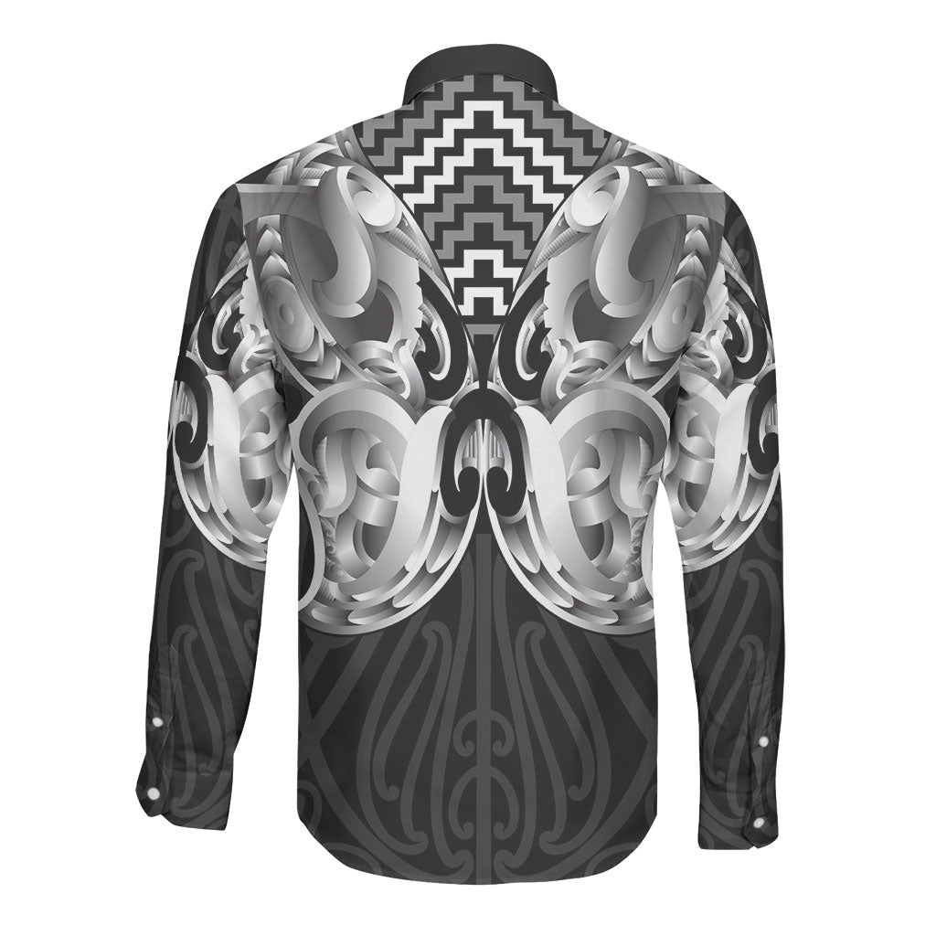 Aotearoa Kowhaiwhai Poutama Black Motif Long Sleeve Button Shirt LT9 - Polynesian Pride