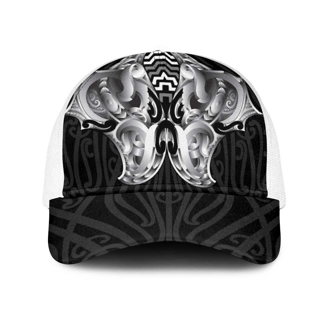 Aotearoa Kowhaiwhai Poutama Black Motif Mesh Trucker Cap LT9 One Size White Black - Polynesian Pride