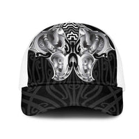 Aotearoa Kowhaiwhai Poutama Black Motif Mesh Trucker Cap LT9 One Size White Black - Polynesian Pride