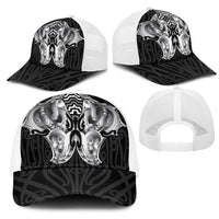 Aotearoa Kowhaiwhai Poutama Black Motif Mesh Trucker Cap LT9 - Polynesian Pride