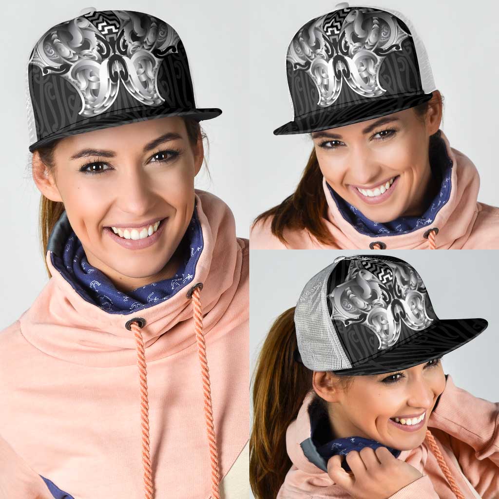 Aotearoa Kowhaiwhai Poutama Black Motif Mesh Trucker Cap LT9 - Polynesian Pride