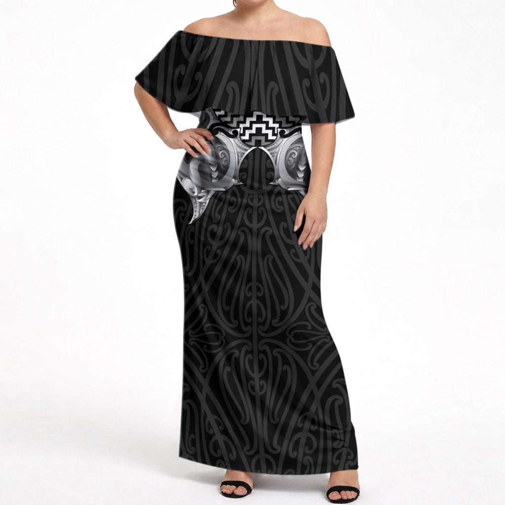 Aotearoa Kowhaiwhai Poutama Black Motif Off Shoulder Maxi Dress LT9 Women Black - Polynesian Pride