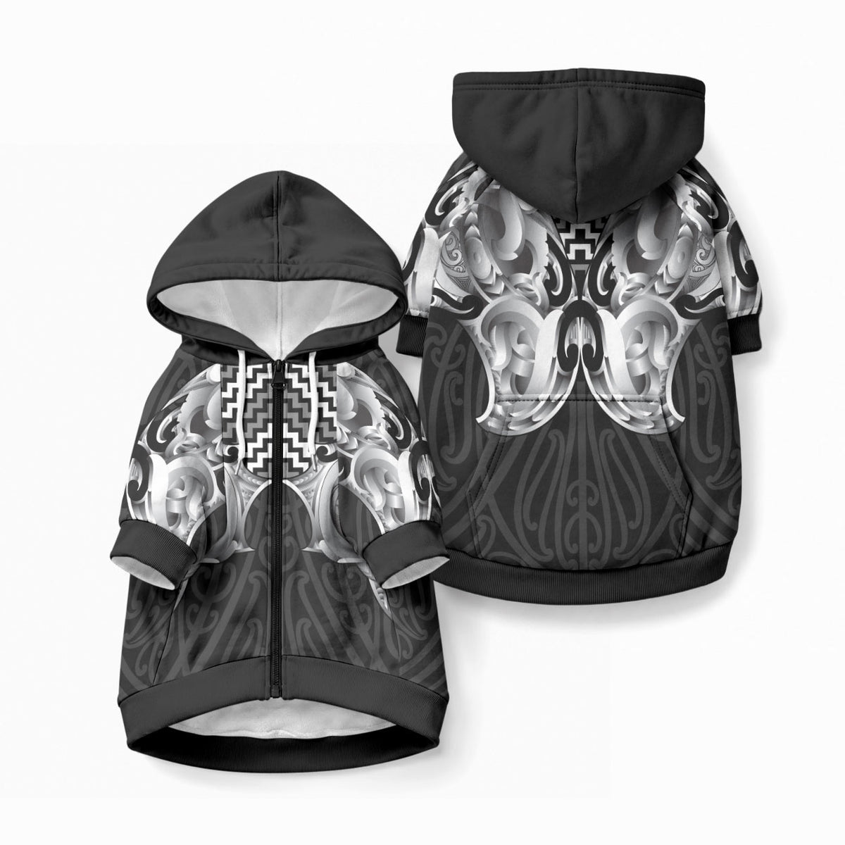 Aotearoa Kowhaiwhai Poutama Black Motif Pet Hoodie LT9 Zip-up Black - Polynesian Pride