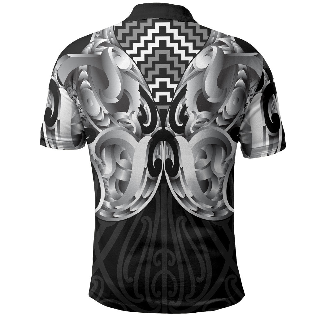 Aotearoa Kowhaiwhai Poutama Black Motif Polo Shirt LT9 - Polynesian Pride