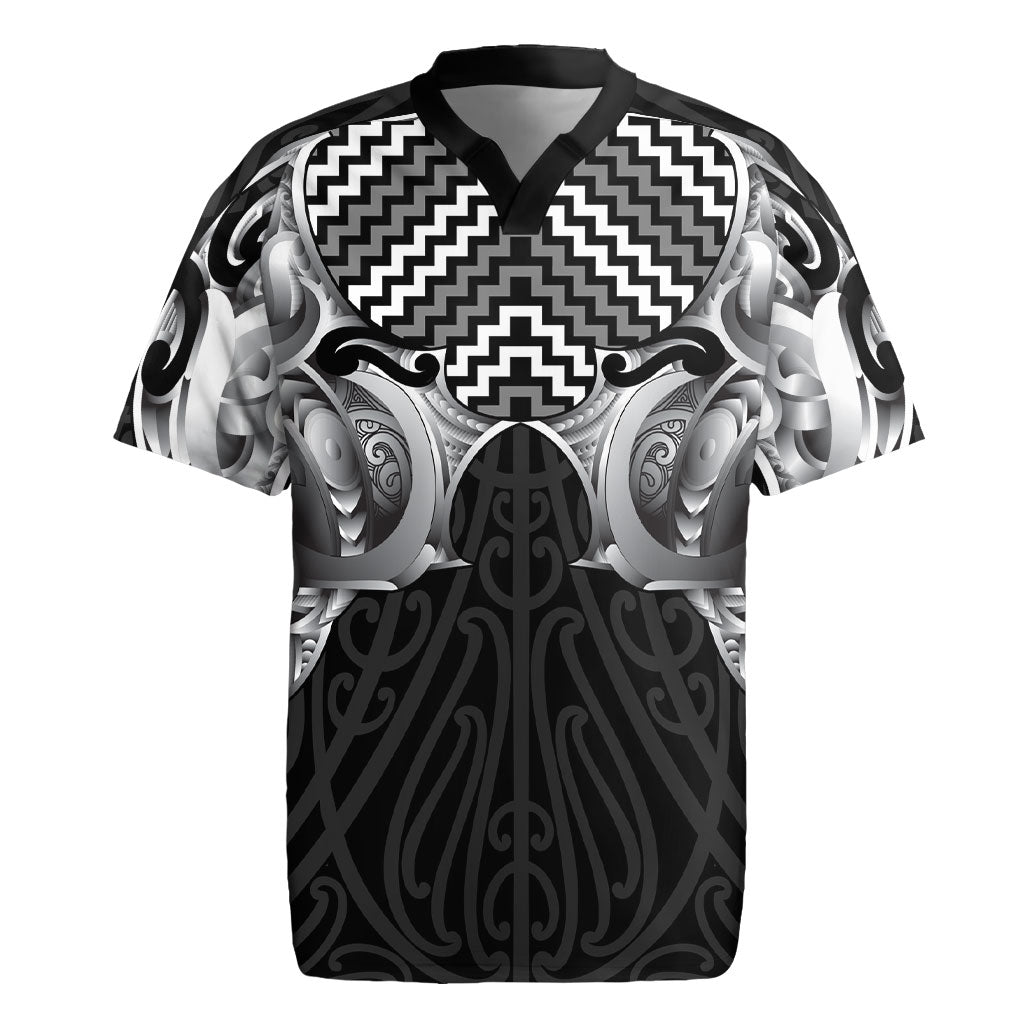 Aotearoa Kowhaiwhai Poutama Black Motif Rugby Jersey LT9 Black - Polynesian Pride
