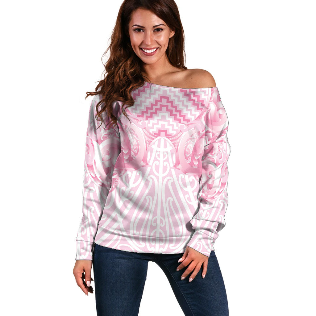 Aotearoa Kowhaiwhai Poutama Pink Motif Off Shoulder Sweater LT9 Women Pink - Polynesian Pride