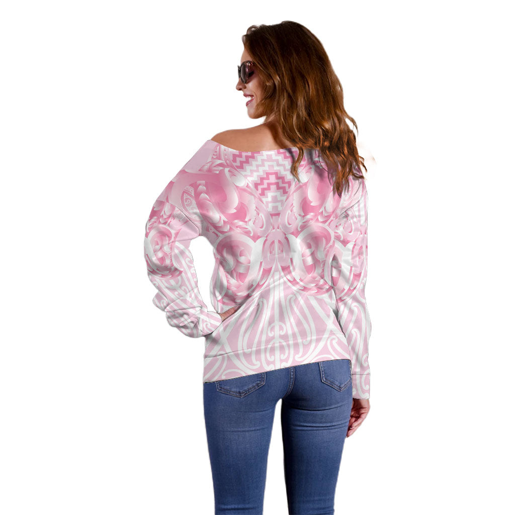 Aotearoa Kowhaiwhai Poutama Pink Motif Off Shoulder Sweater LT9 - Polynesian Pride