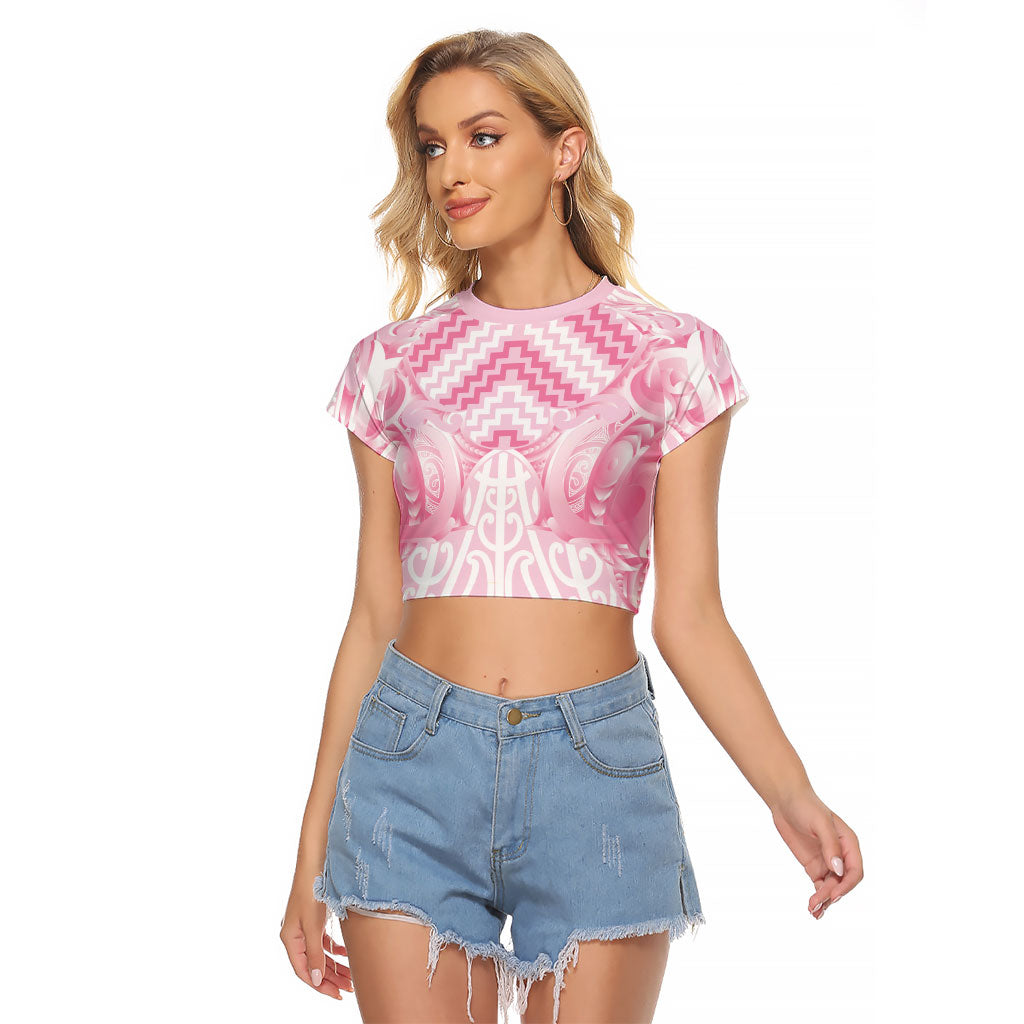 Aotearoa Kowhaiwhai Poutama Pink Motif Raglan Cropped T Shirt LT9 Female Pink - Polynesian Pride