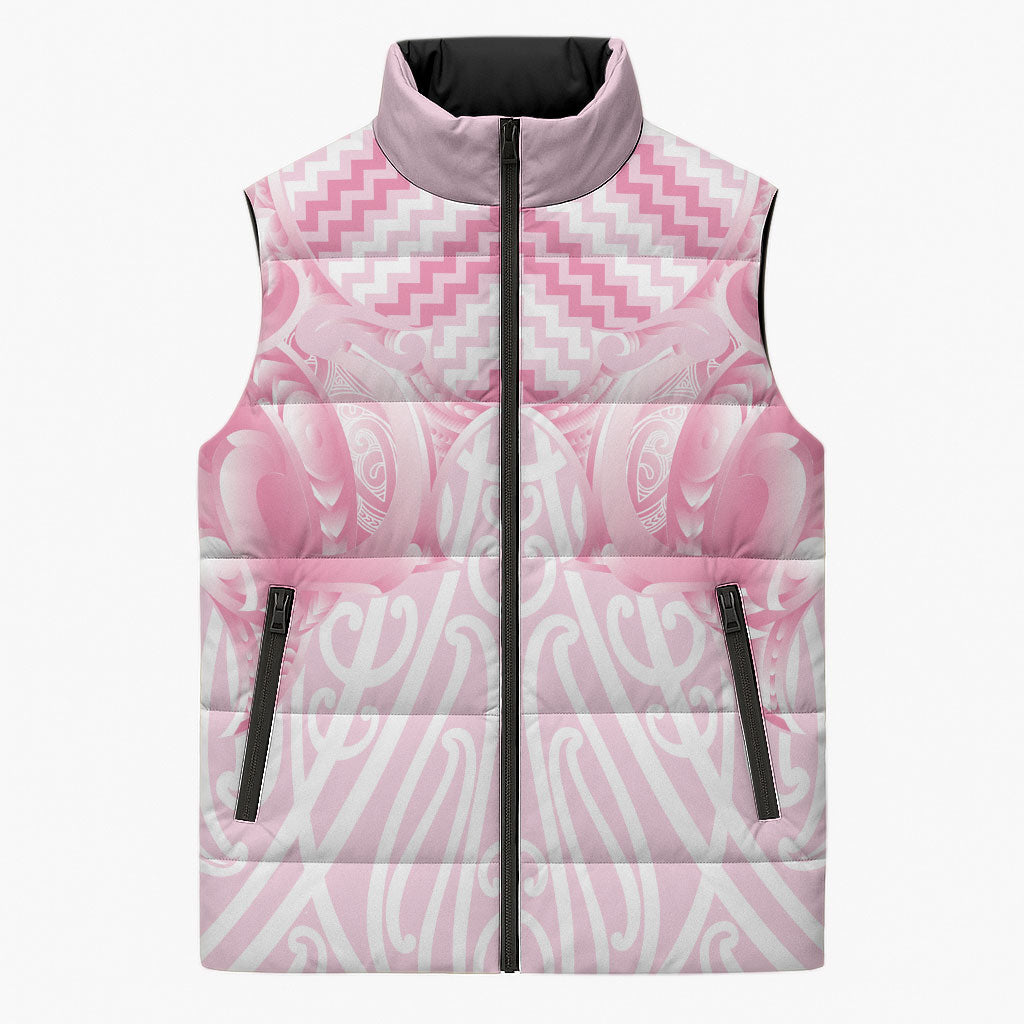 Aotearoa Kowhaiwhai Poutama Pink Motif Sleeveless Puffer Jacket LT9 Unisex Pink - Polynesian Pride