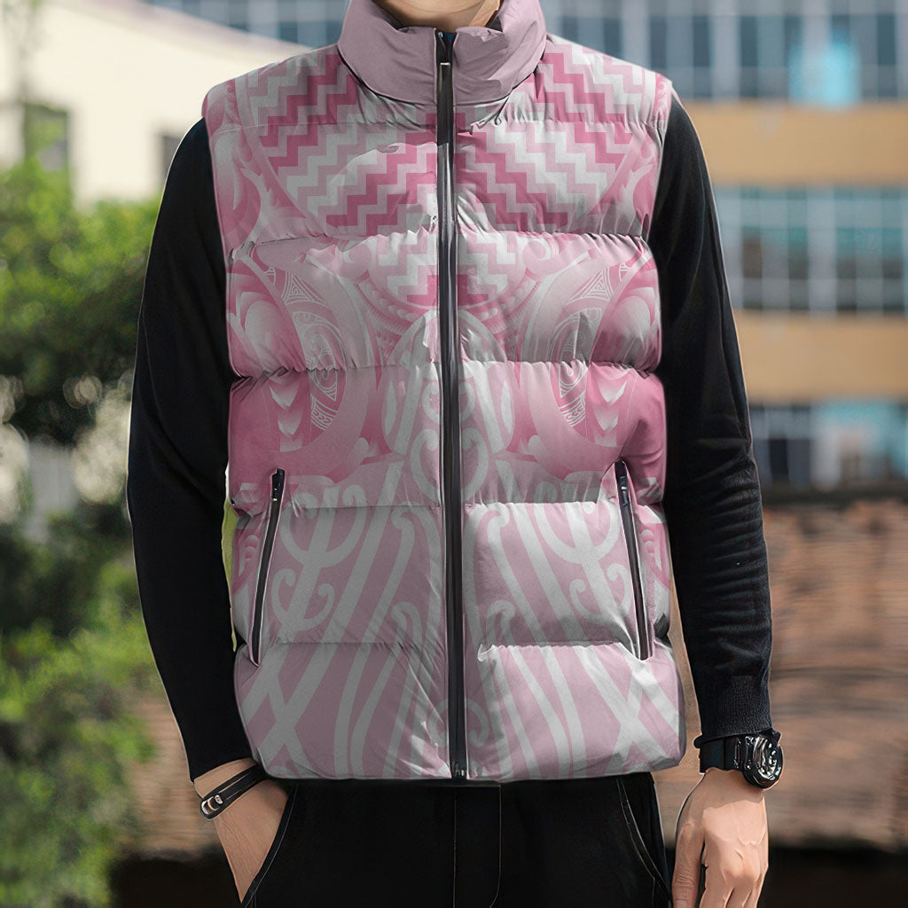 Aotearoa Kowhaiwhai Poutama Pink Motif Sleeveless Puffer Jacket LT9 - Polynesian Pride