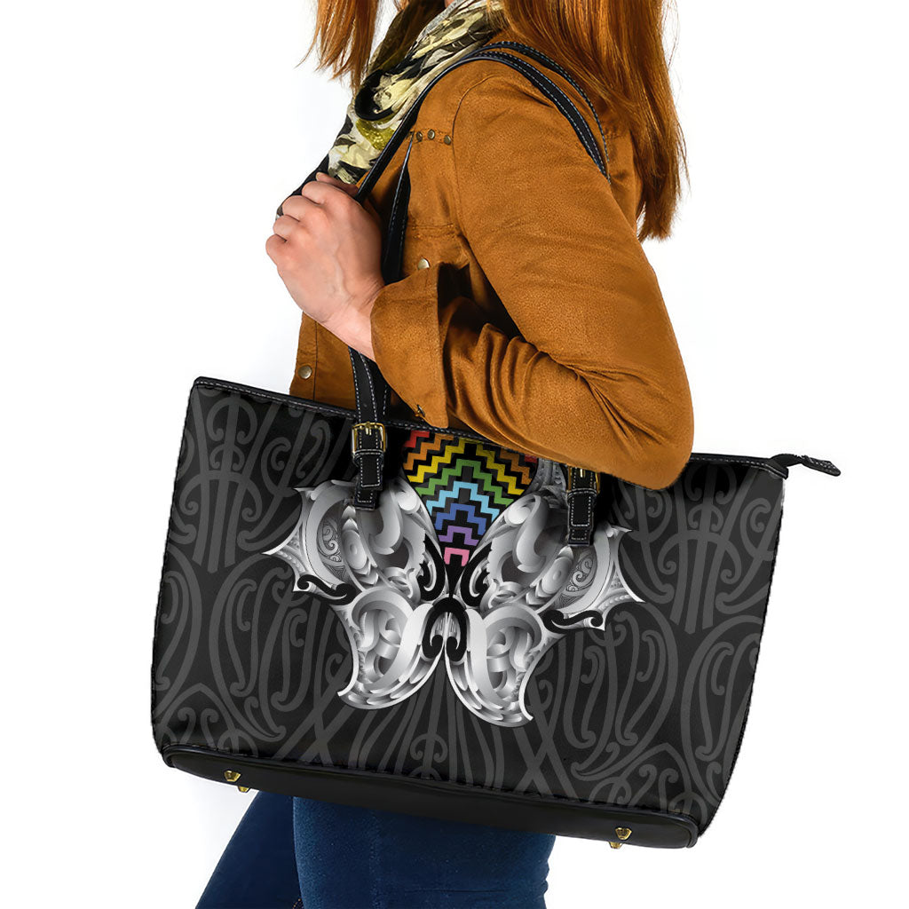 Aotearoa Kowhaiwhai Poutama Rainbow Motif Leather Tote Bag LT9 Rainbow - Polynesian Pride
