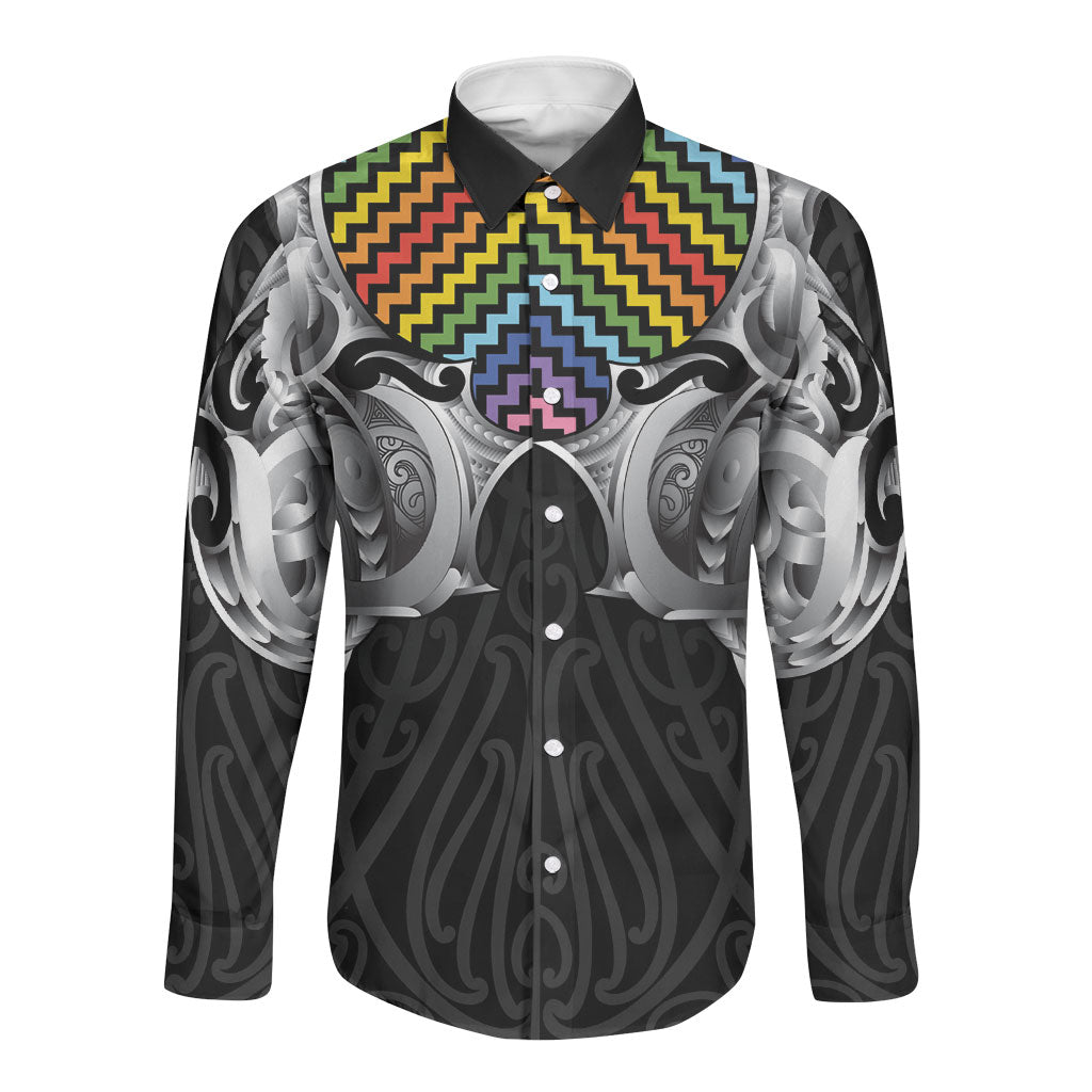 Aotearoa Kowhaiwhai Poutama Rainbow Motif Long Sleeve Button Shirt LT9 Unisex Rainbow - Polynesian Pride