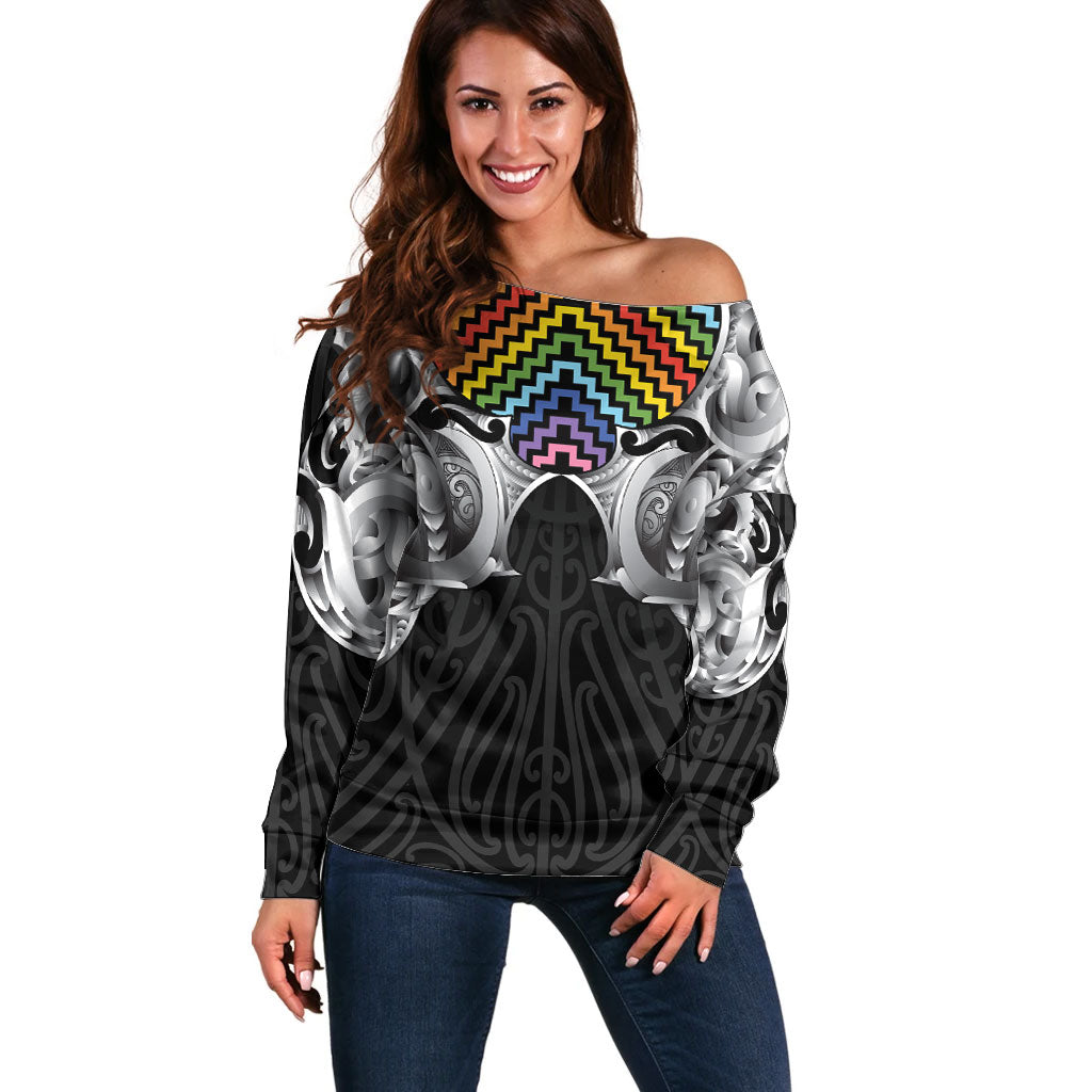 Aotearoa Kowhaiwhai Poutama Rainbow Motif Off Shoulder Sweater LT9 Women Rainbow - Polynesian Pride