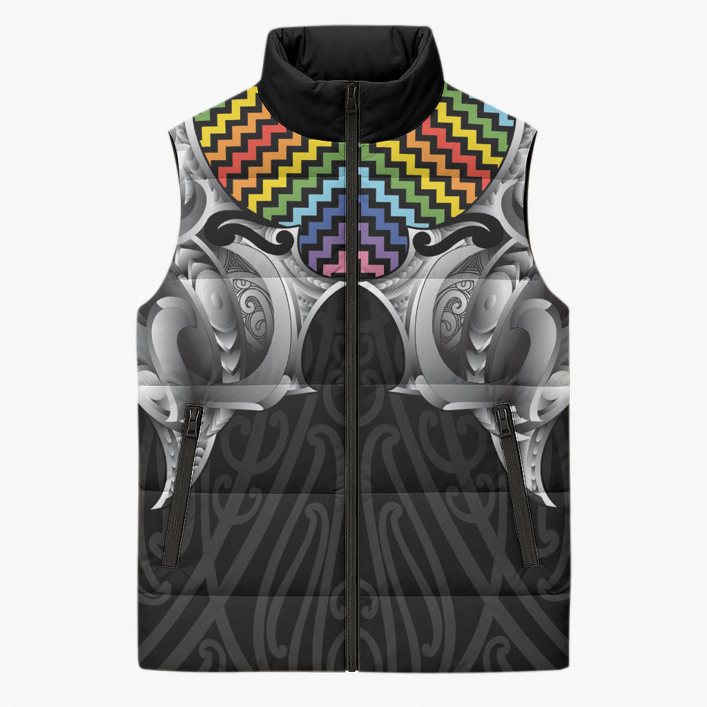 Aotearoa Kowhaiwhai Poutama Rainbow Motif Sleeveless Puffer Jacket LT9 Unisex Rainbow - Polynesian Pride
