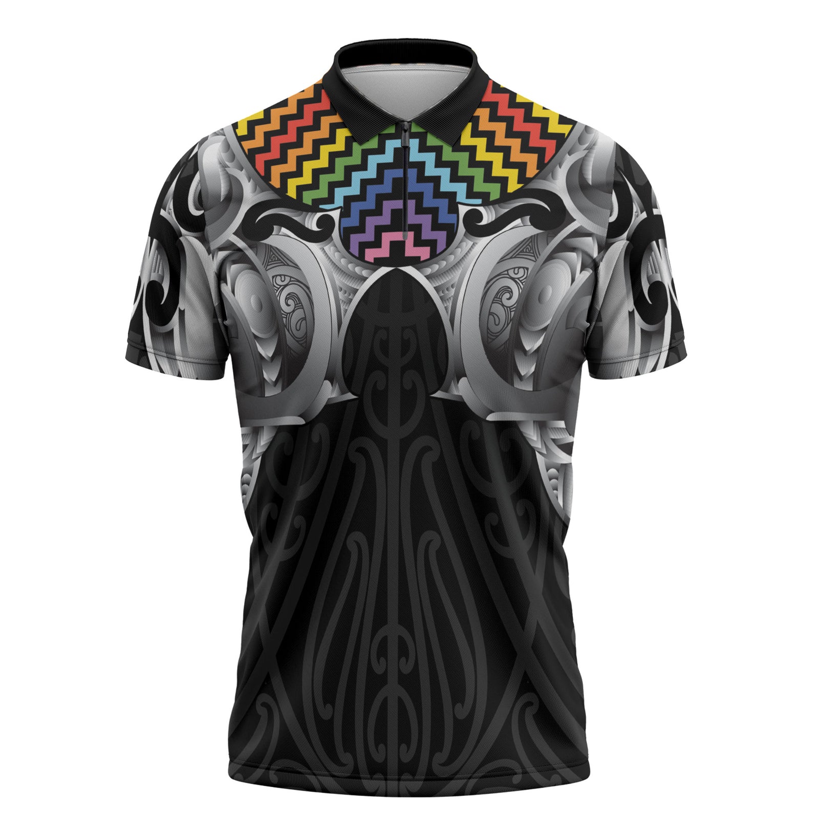 Aotearoa Kowhaiwhai Poutama Rainbow Motif Zipper Polo Shirt LT9 Rainbow - Polynesian Pride