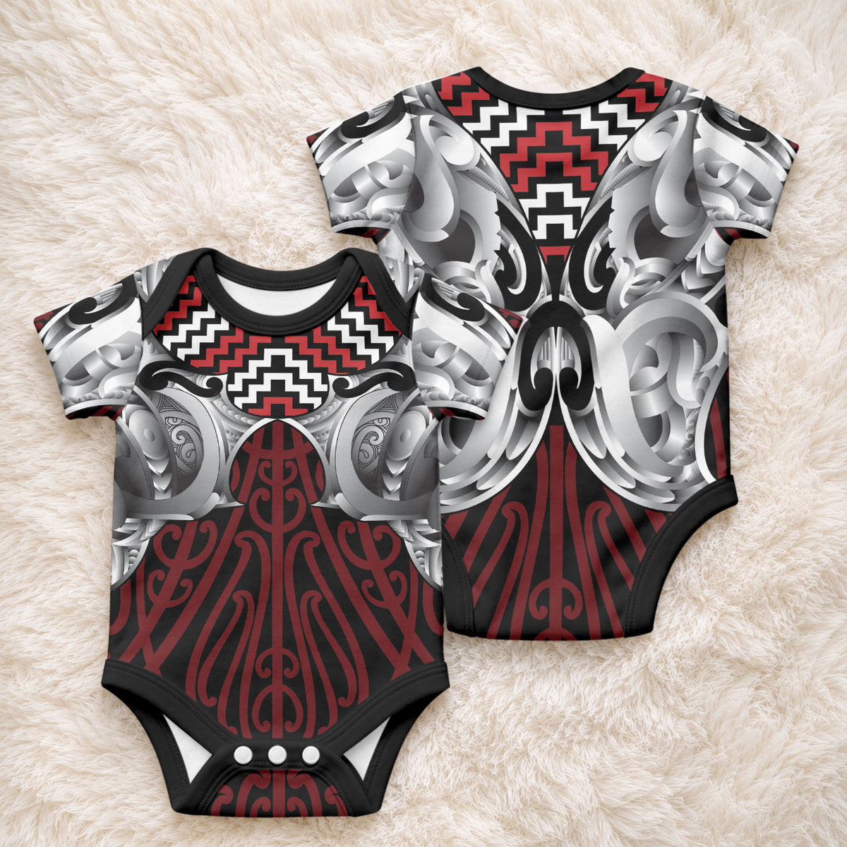 Aotearoa Kowhaiwhai Poutama Red Motif Baby Onesie LT9 - Polynesian Pride