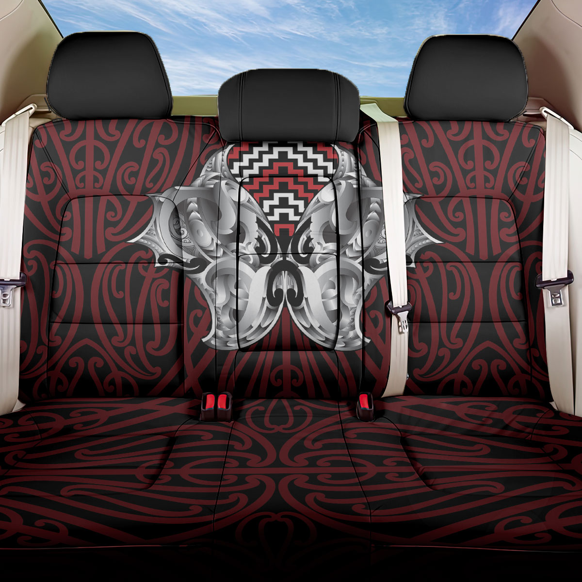 Aotearoa Kowhaiwhai Poutama Red Motif Back Car Seat Cover LT9 One Size Red - Polynesian Pride