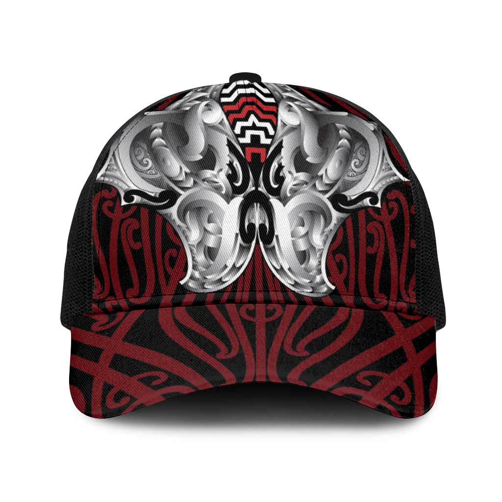 Aotearoa Kowhaiwhai Poutama Red Motif Baseball Net Cap LT9 One Size Black Red - Polynesian Pride