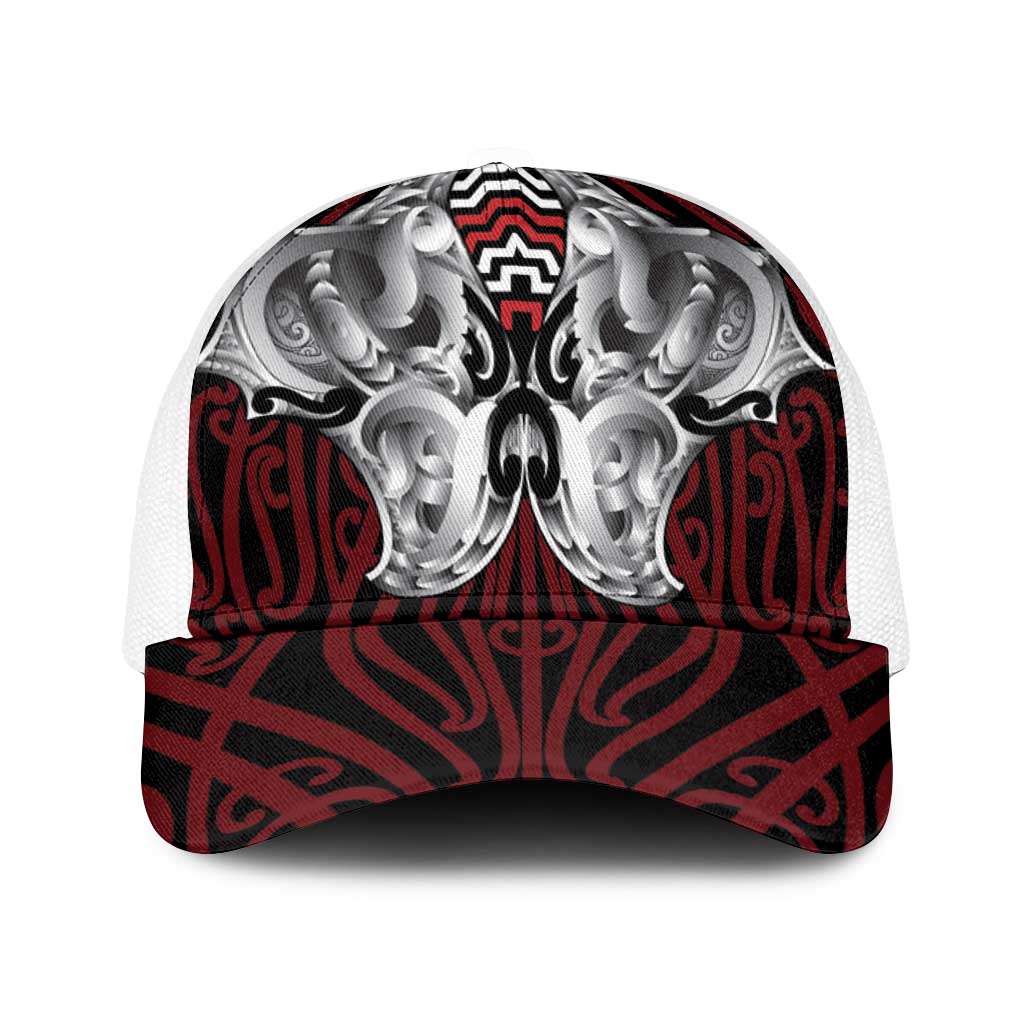 Aotearoa Kowhaiwhai Poutama Red Motif Baseball Net Cap LT9 One Size White Red - Polynesian Pride