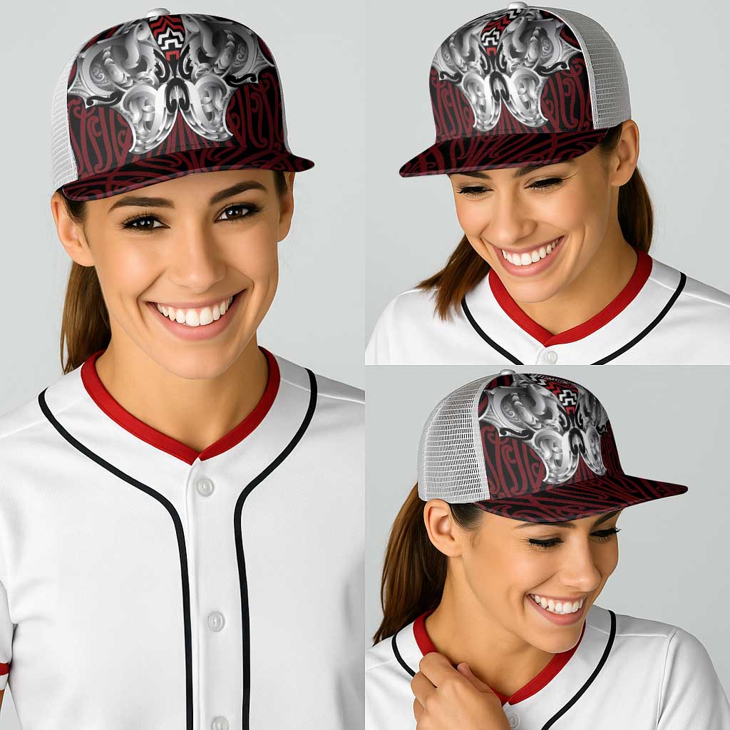 Aotearoa Kowhaiwhai Poutama Red Motif Baseball Net Cap LT9 - Polynesian Pride