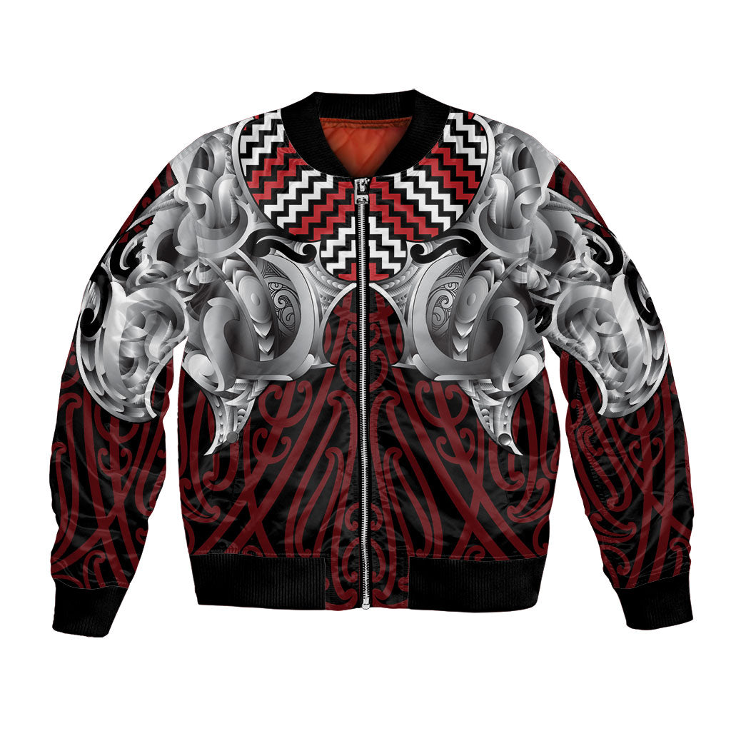 Aotearoa Kowhaiwhai Poutama Red Motif Bomber Jacket LT9 Unisex Red - Polynesian Pride