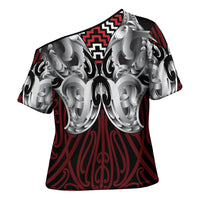 Aotearoa Kowhaiwhai Poutama Red Motif Cross Shoulder Shirt LT9 - Polynesian Pride