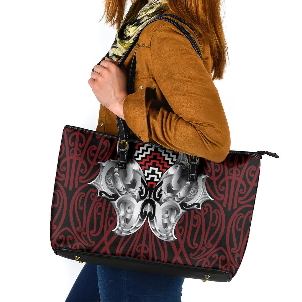 Aotearoa Kowhaiwhai Poutama Red Motif Leather Tote Bag LT9 Red - Polynesian Pride