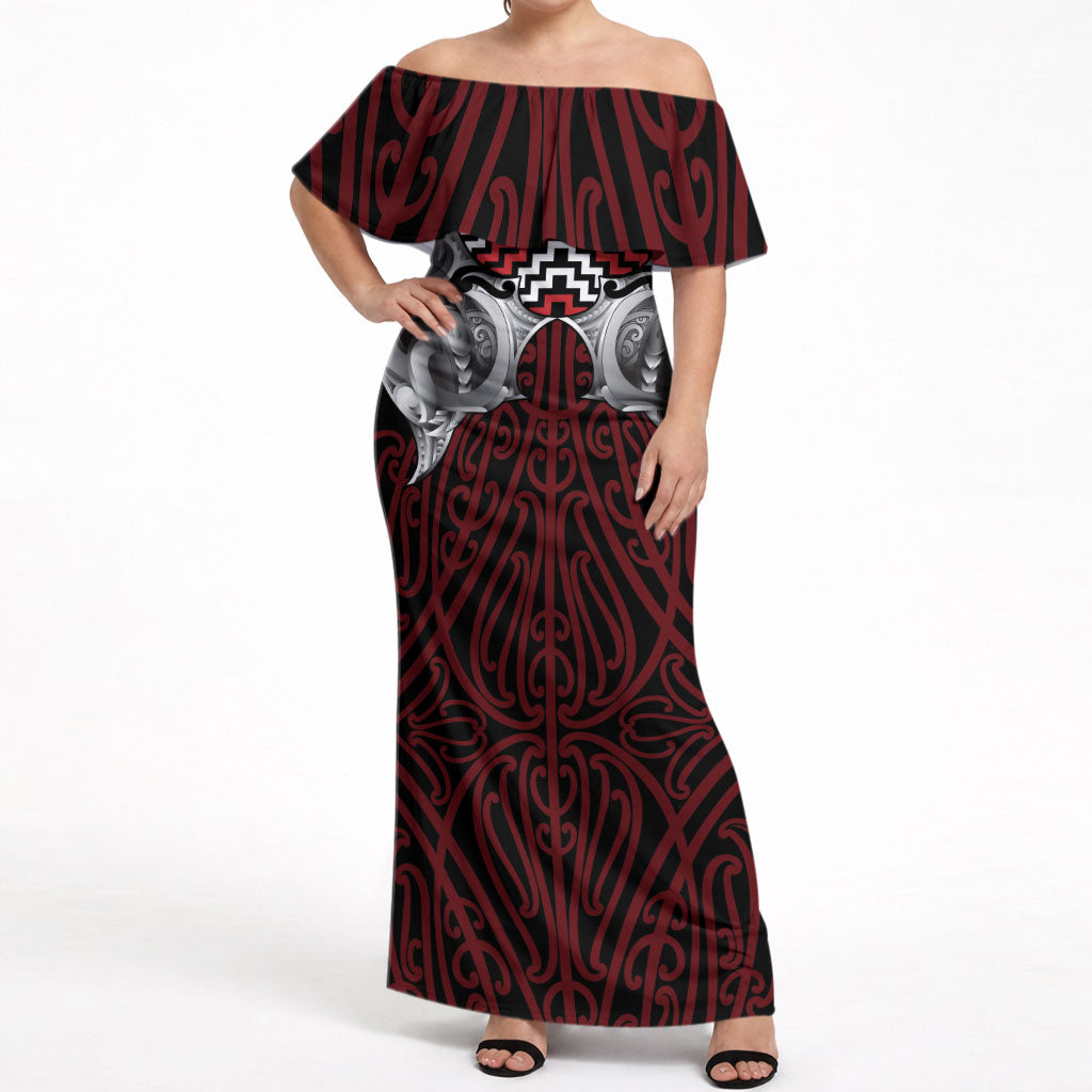 Aotearoa Kowhaiwhai Poutama Red Motif Off Shoulder Maxi Dress LT9 Women Red - Polynesian Pride