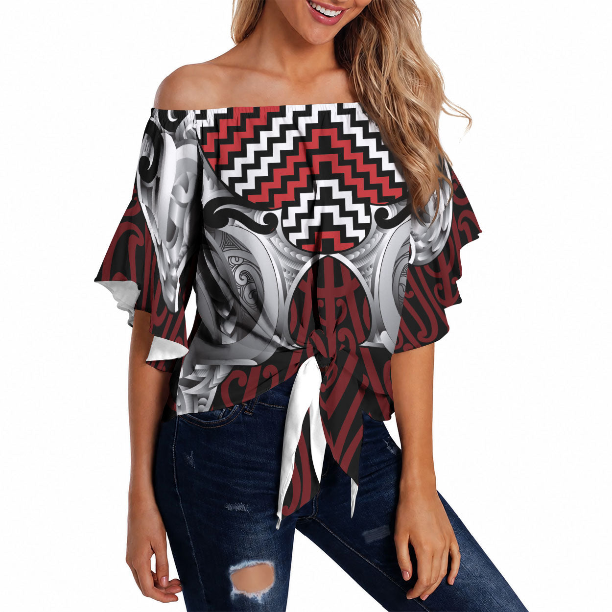 Aotearoa Kowhaiwhai Poutama Red Motif Off Shoulder Wrap Waist Top LT9 Red - Polynesian Pride