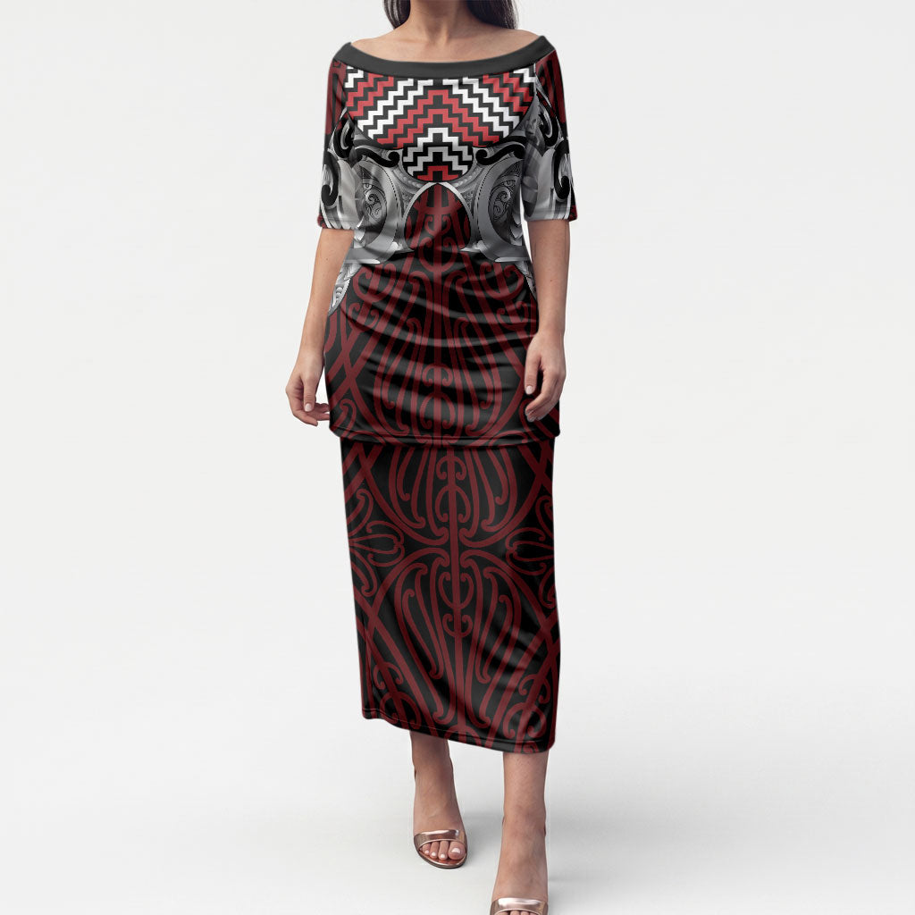 Aotearoa Kowhaiwhai Poutama Red Motif Puletasi LT9 Long Dress Red - Polynesian Pride