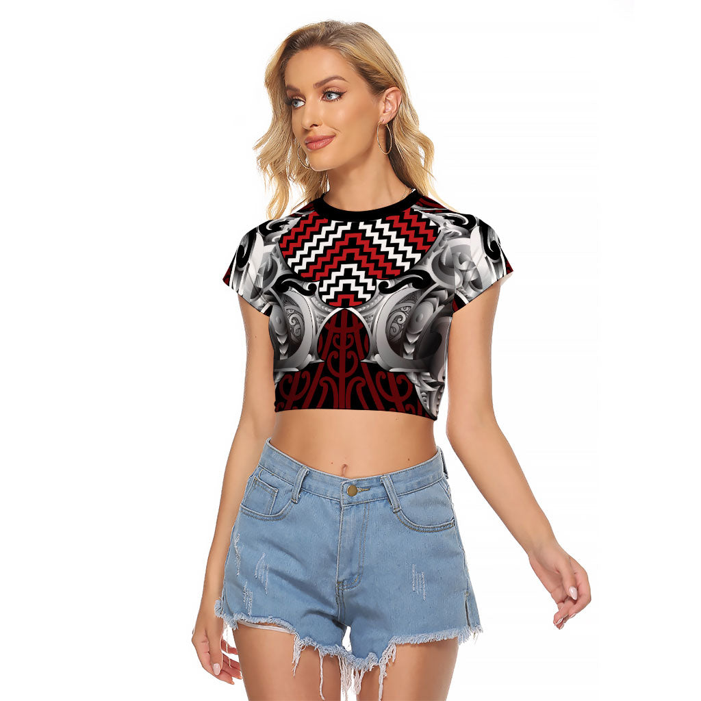 Aotearoa Kowhaiwhai Poutama Red Motif Raglan Cropped T Shirt LT9 Female Red - Polynesian Pride