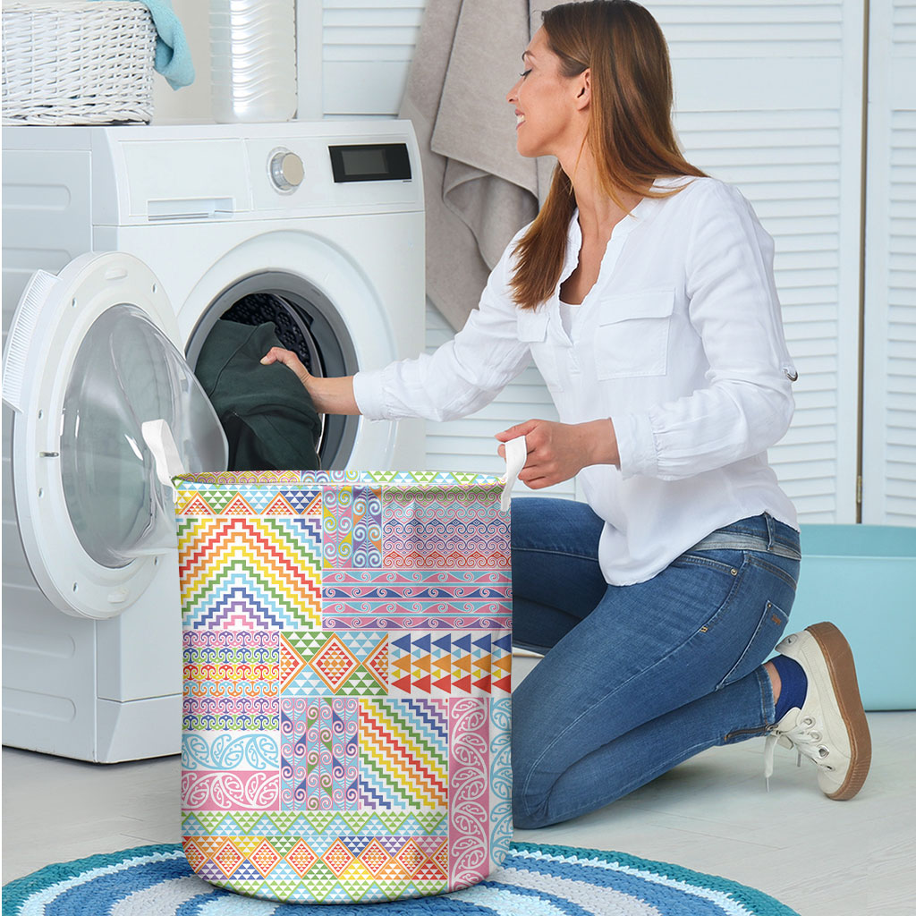 Aotearoa Kowhaiwhai Taniko Patchwork Rainbow Motifs Laundry Basket LT9 - Polynesian Pride