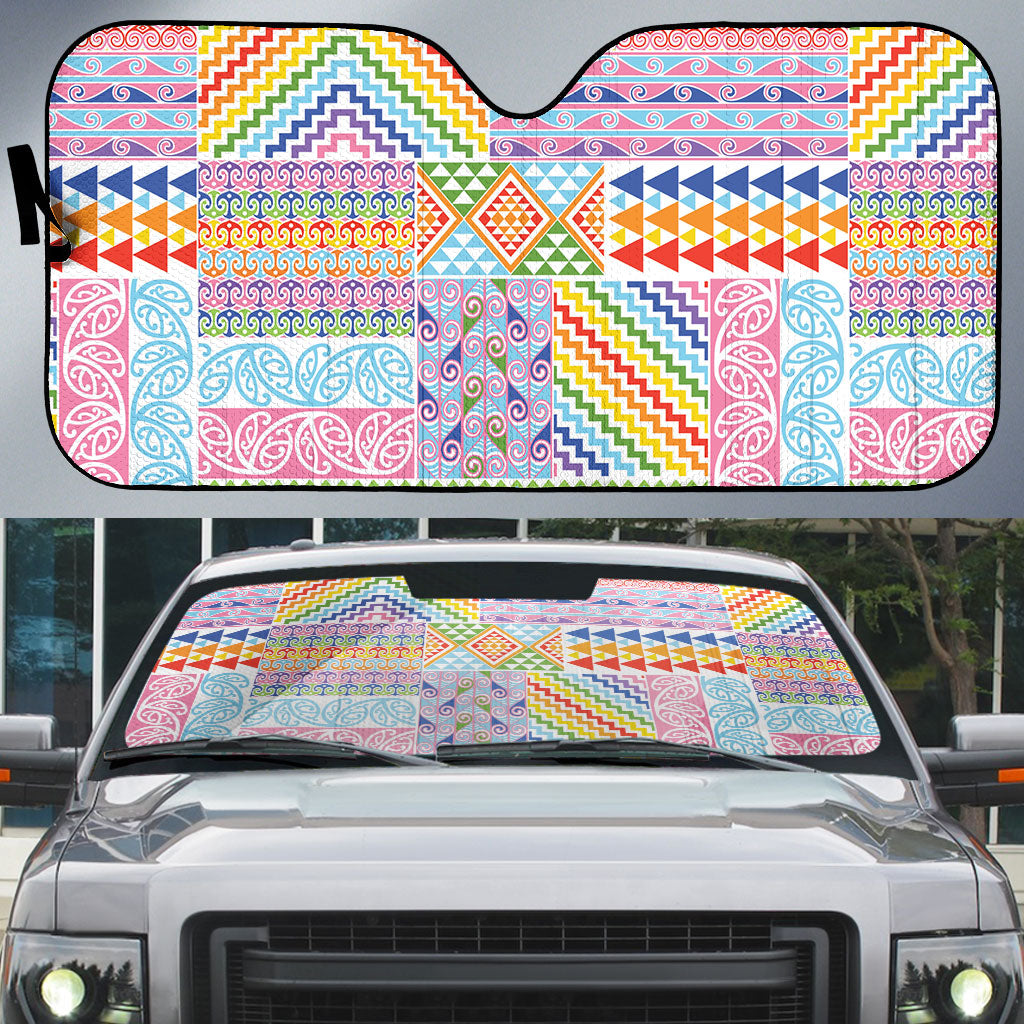 Aotearoa Kowhaiwhai Taniko Patchwork Rainbow Motifs Auto Sun Shade LT9 Rainbow - Polynesian Pride