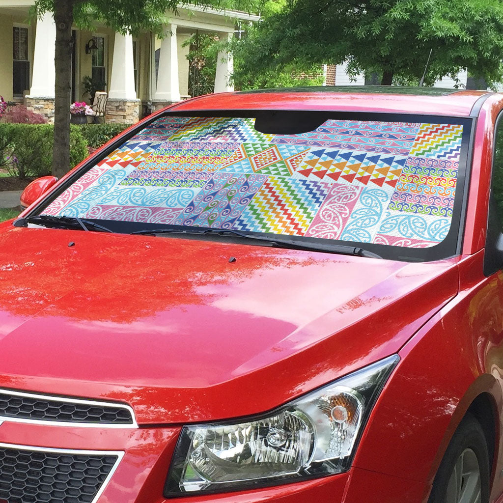 Aotearoa Kowhaiwhai Taniko Patchwork Rainbow Motifs Auto Sun Shade LT9 - Polynesian Pride