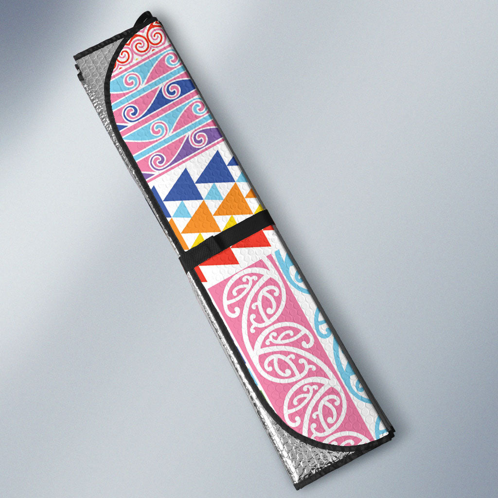 Aotearoa Kowhaiwhai Taniko Patchwork Rainbow Motifs Auto Sun Shade LT9 - Polynesian Pride