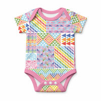 Aotearoa Kowhaiwhai Taniko Patchwork Rainbow Motifs Baby Onesie LT9 Rainbow - Polynesian Pride