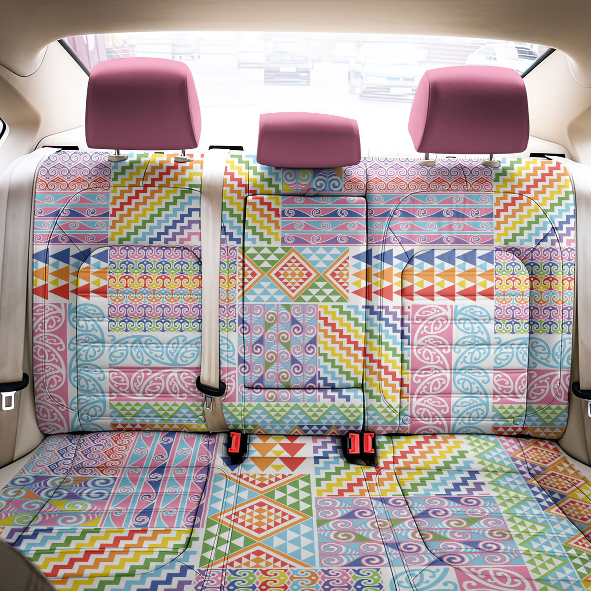 Aotearoa Kowhaiwhai Taniko Patchwork Rainbow Motifs Back Car Seat Cover LT9 - Polynesian Pride