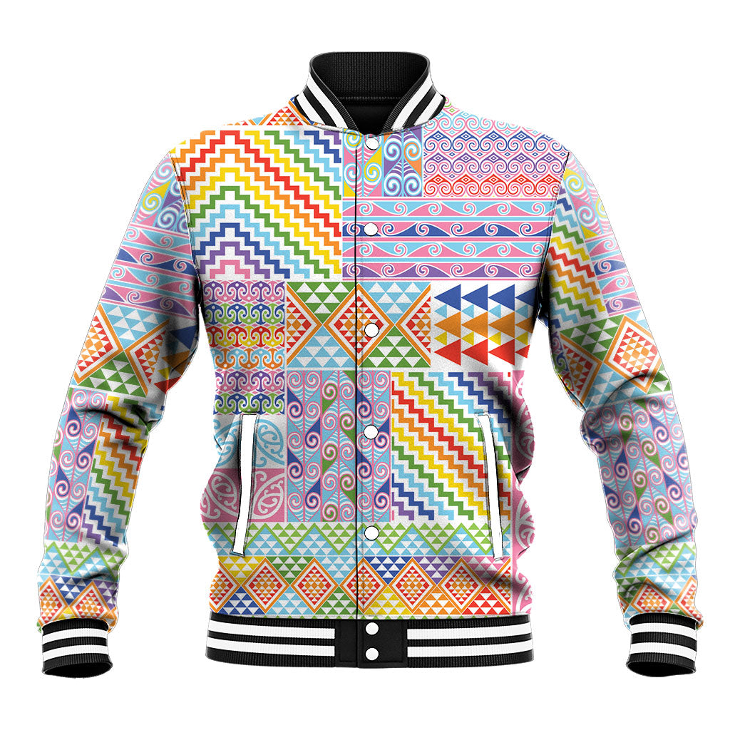 Aotearoa Kowhaiwhai Taniko Patchwork Rainbow Motifs Baseball Jacket LT9 Unisex Rainbow - Polynesian Pride
