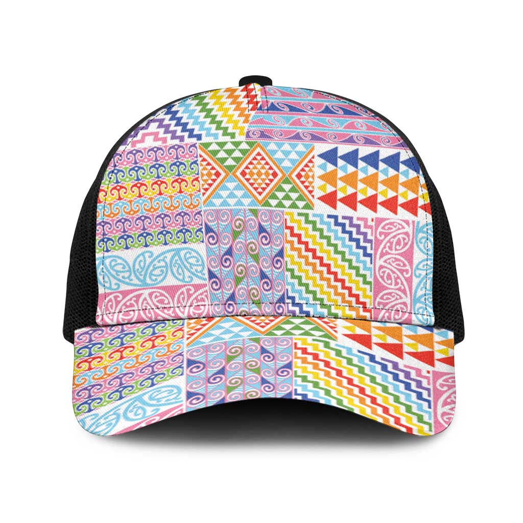 Aotearoa Kowhaiwhai Taniko Patchwork Rainbow Motifs Baseball Net Cap LT9 One Size Black Rainbow - Polynesian Pride