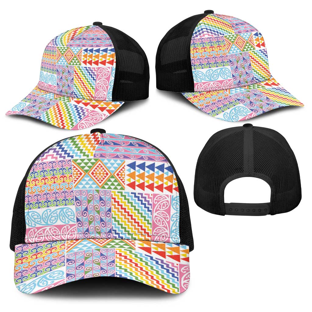 Aotearoa Kowhaiwhai Taniko Patchwork Rainbow Motifs Baseball Net Cap LT9 - Polynesian Pride
