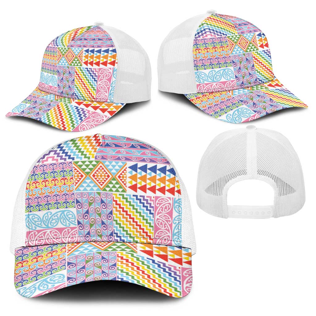 Aotearoa Kowhaiwhai Taniko Patchwork Rainbow Motifs Baseball Net Cap LT9 - Polynesian Pride