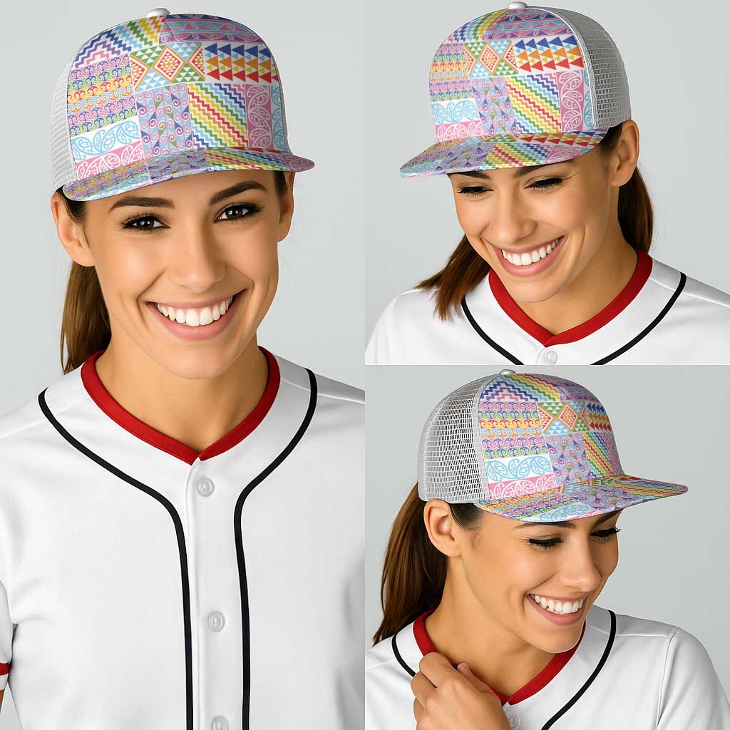 Aotearoa Kowhaiwhai Taniko Patchwork Rainbow Motifs Baseball Net Cap LT9 - Polynesian Pride