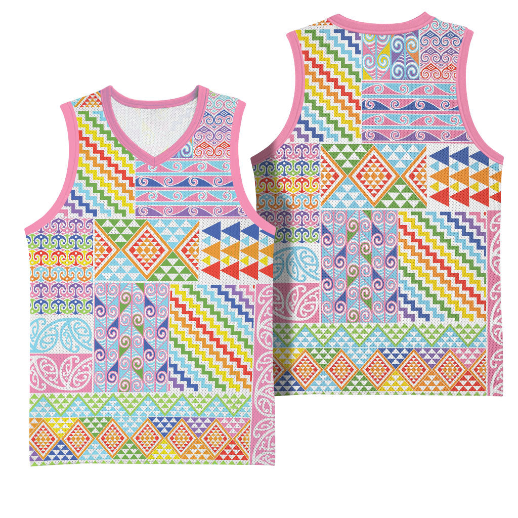 Aotearoa Kowhaiwhai Taniko Patchwork Rainbow Motifs Basketball Jersey LT9 - Polynesian Pride
