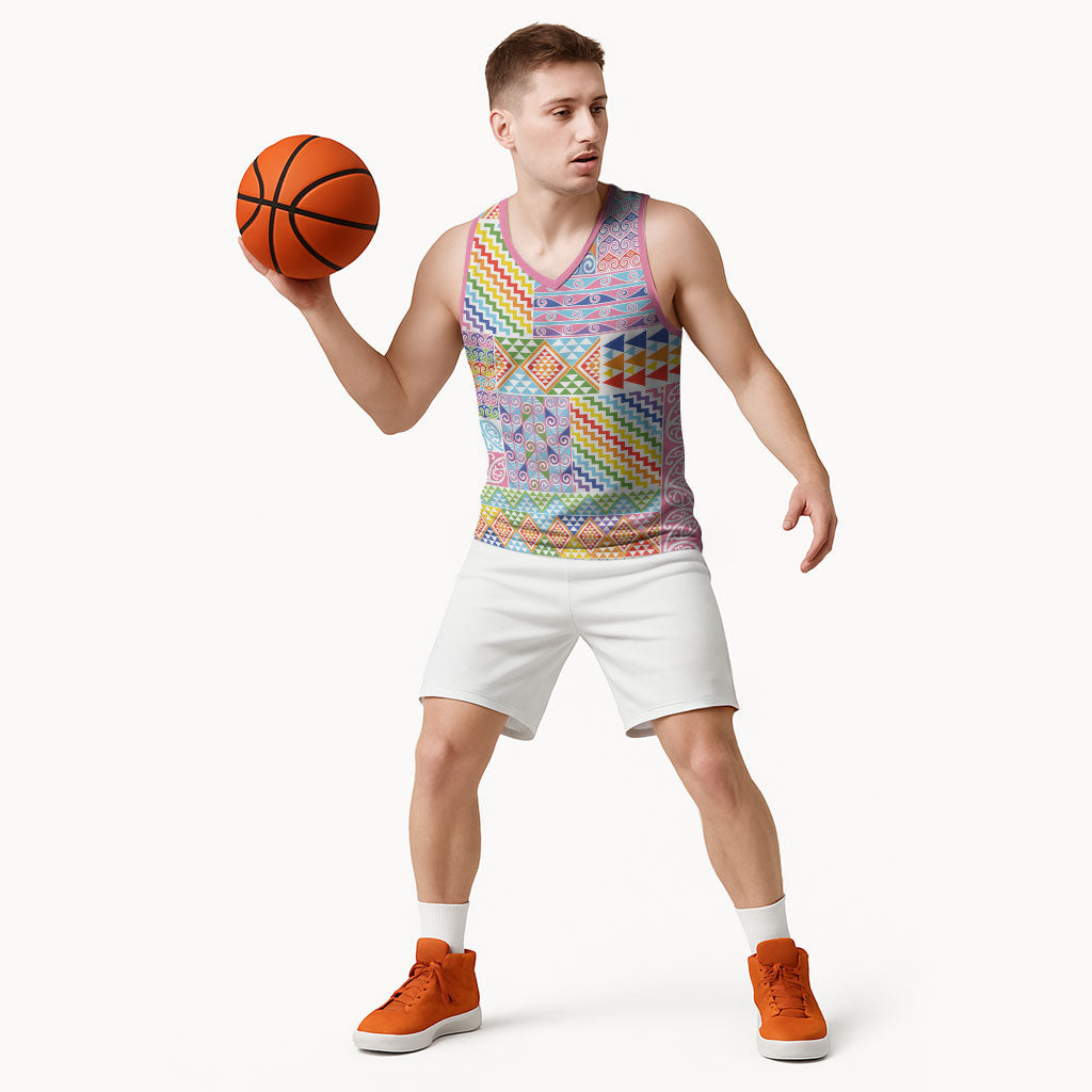 Aotearoa Kowhaiwhai Taniko Patchwork Rainbow Motifs Basketball Jersey LT9 - Polynesian Pride