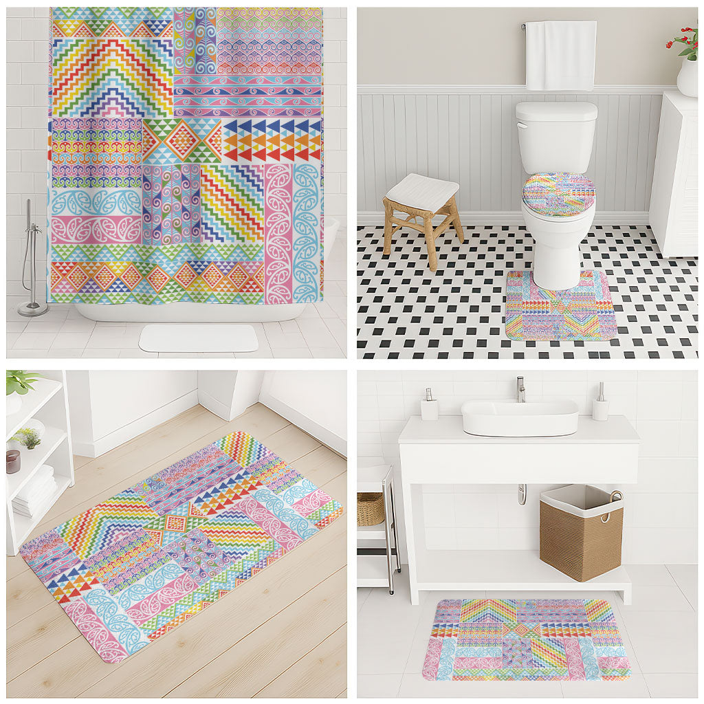 Aotearoa Kowhaiwhai Taniko Patchwork Rainbow Motifs Bathroom Set LT9 - Polynesian Pride