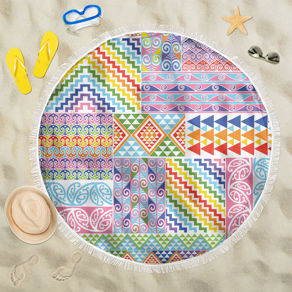 Aotearoa Kowhaiwhai Taniko Patchwork Rainbow Motifs Beach Blanket LT9 One Size 150cm Rainbow - Polynesian Pride