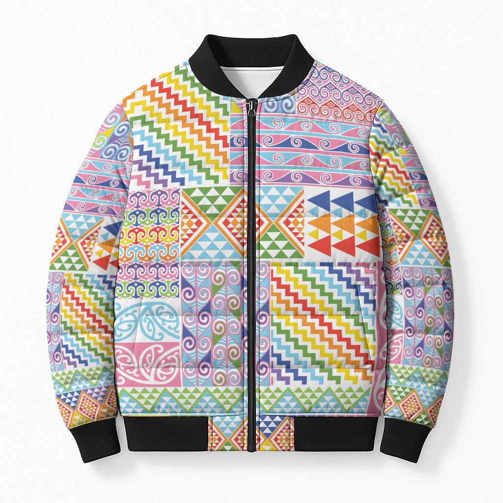 Aotearoa Kowhaiwhai Taniko Patchwork Rainbow Motifs Bomber Puffer Jacket LT9 Unisex Rainbow - Polynesian Pride