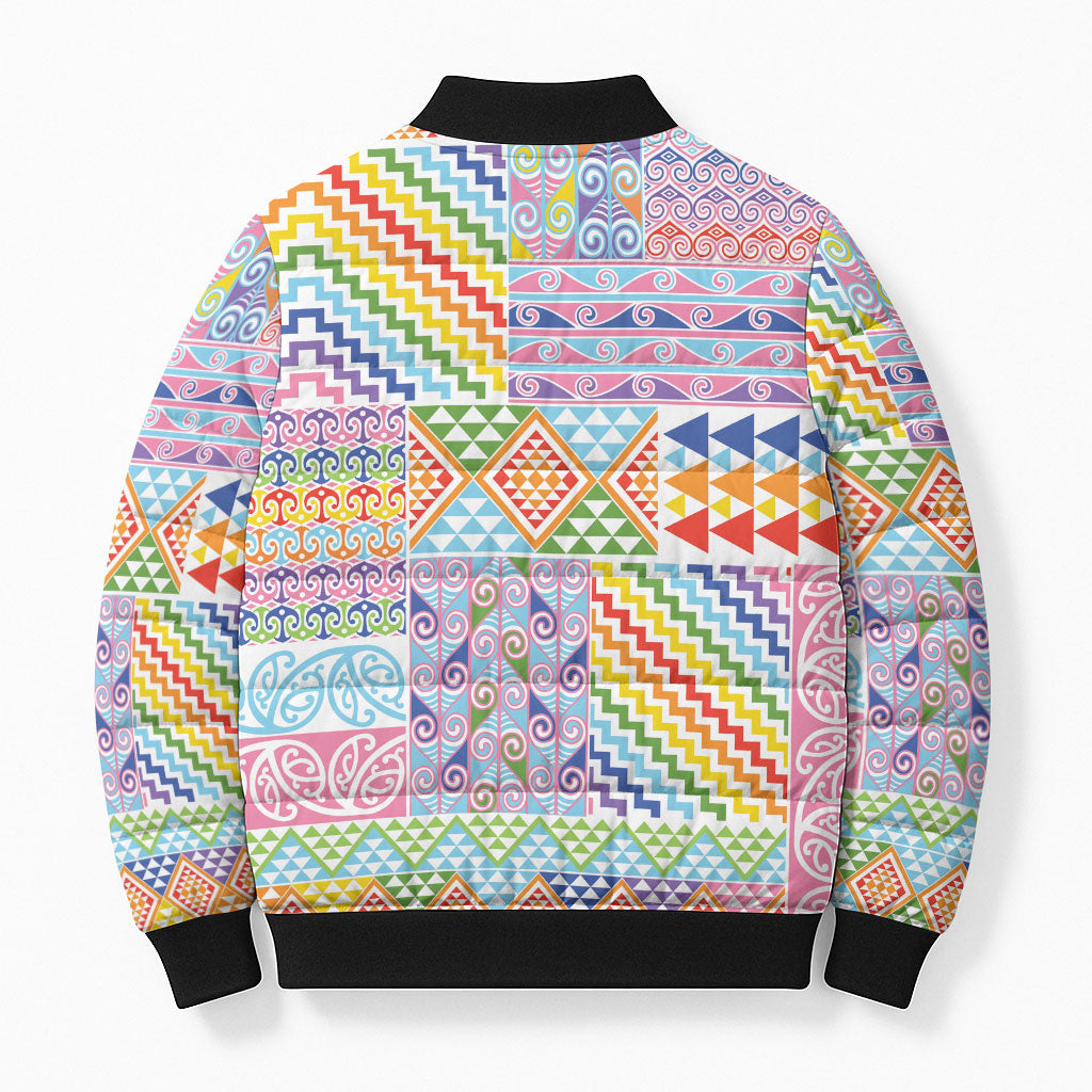Aotearoa Kowhaiwhai Taniko Patchwork Rainbow Motifs Bomber Puffer Jacket LT9 - Polynesian Pride
