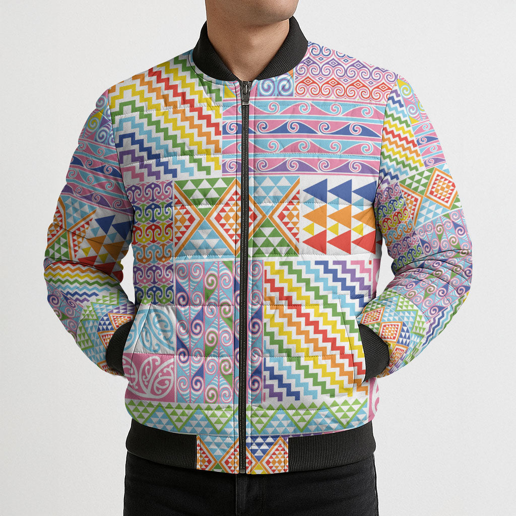 Aotearoa Kowhaiwhai Taniko Patchwork Rainbow Motifs Bomber Puffer Jacket LT9 - Polynesian Pride
